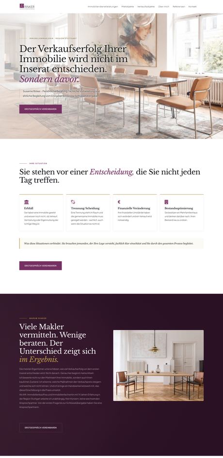 Website Rinker Immobilienvermittlung, Startseite
